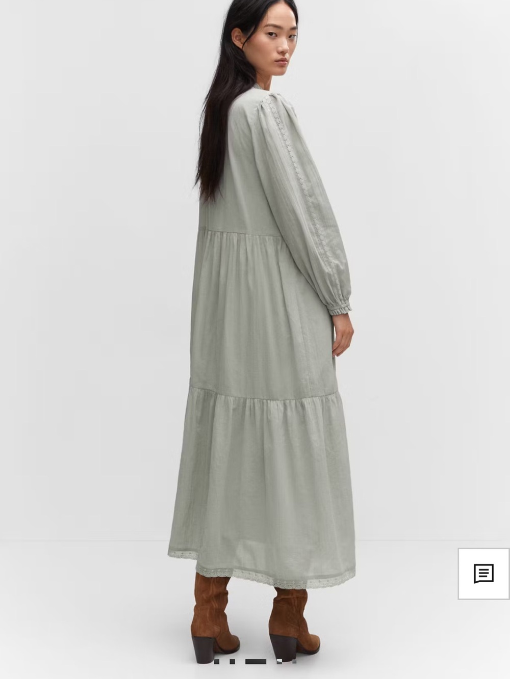 Long Sleeve cotton Tiered Maxi Dress in Light Sagew - Picture 3 of 7